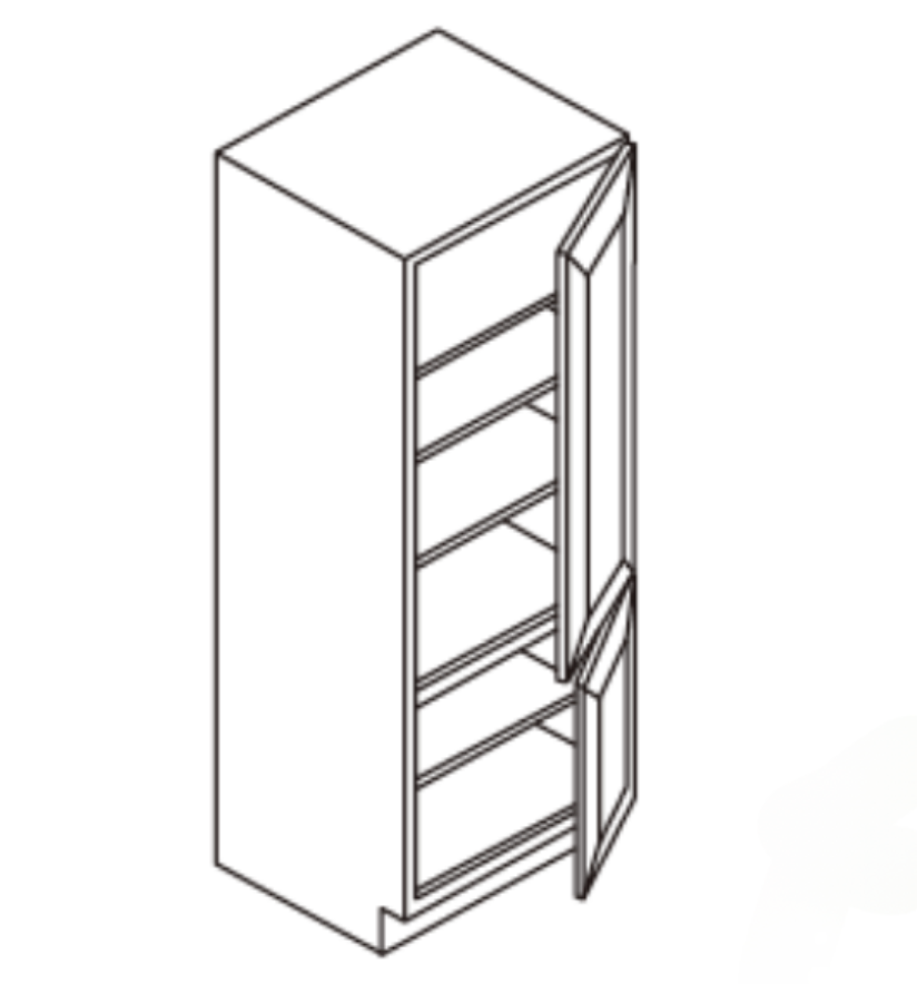3D line drawing of a tall cabinet with two doors, one open.
